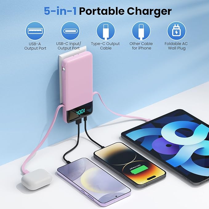 Portable Charger Power Bank with Built in Cables and Wall Plug,13800mAh Portable Battery Pack Fast Charging Compact LED Display Phone Charger Compatible with iPhone 16/15,Galaxy S23,Tablets etc