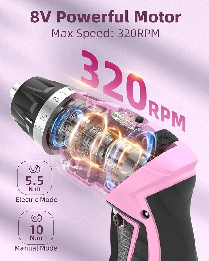 Cordless Electric Screwdriver Set, 8V 10Nm Rechargeable Power Electric Drill, Battery Screw Gun with Driver Bit, 320RPM/10+1 Torque, 2 Position Handle, Flexible Shaft LED Light (Pink, 39Pcs)
