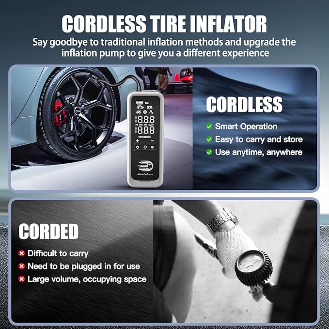 Tire Inflator Portable Air Compressor 160 PSI 34L/Min Cordless & 12V DC | 4X Faster 7500mAh Dual LCD Digital Pressure Gauge Auto Shut-Off LED for Car Tires Motorcycles Bicycles Balls