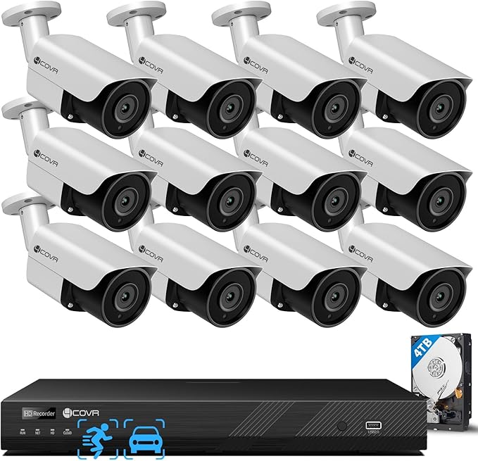 4COVR 16 Channel PoE Security Camera System, AI Human/Vehicle Detection, 16CH 4K NVR 4TB HDD, 12Pcs 8MP Wired Commercial Bullet IP Camera IP67 Night Vision, Business Surveillance Outdoor, LY37EX8M1612