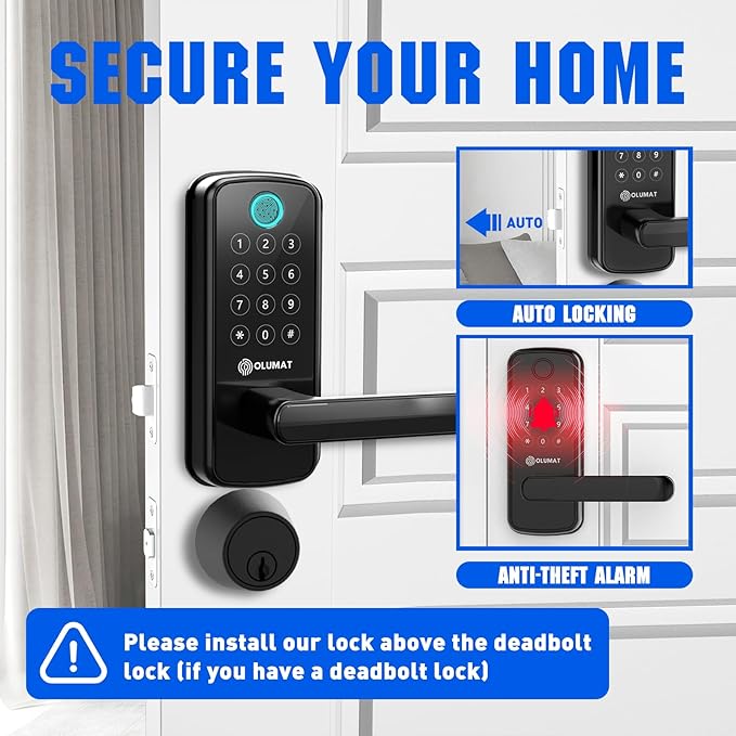 Smart Lock with Handle: Wi-Fi Keyless Entry Door Lock - Smart Locks for Front Door - Biometric Fingerprint Lock with Keypad - Garage Door with App Control