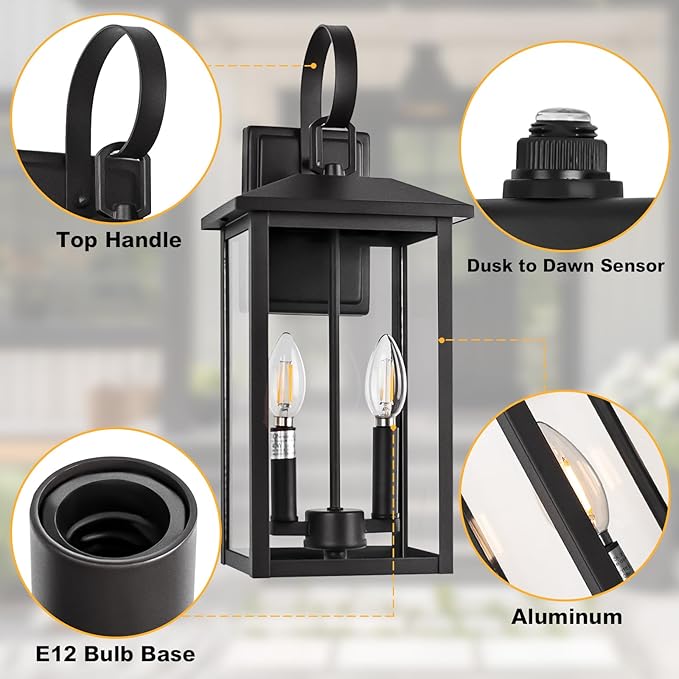 Large Motion Sensor Outdoor Wall Lights, 18" Black Dusk to Dawn Outdoor Lighting, 2-Light Aluminum Outdoor Fixture with E12 Socket, ETL Listed Outside Porch Lights Wall Mount for House