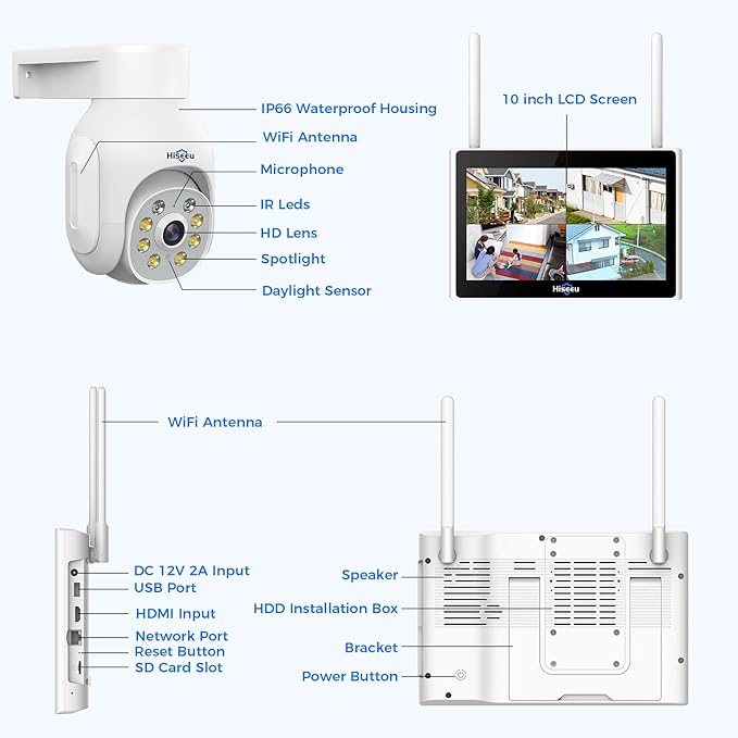 Hiseeu Wireless Security Camera System, 4 Cam- Kit 5MP Outdoor Security Camera with with 10in LCD 1T HDD,[Plug in & Play] 2.4G/5Ghz,2-Way Audio,Color Night Vision, IP66 Waterproof, No Montly Fees