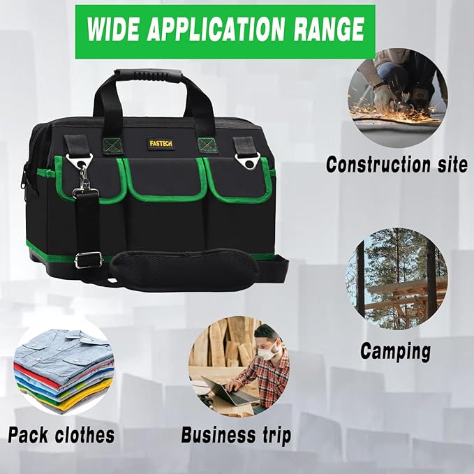 22 Inch Tool Bag With Molded Base and Comfortable Shoulder Straps, Waterproof Wide Mouth Tool Kit, Tool Storage Package For Men/Women (Green22IN)