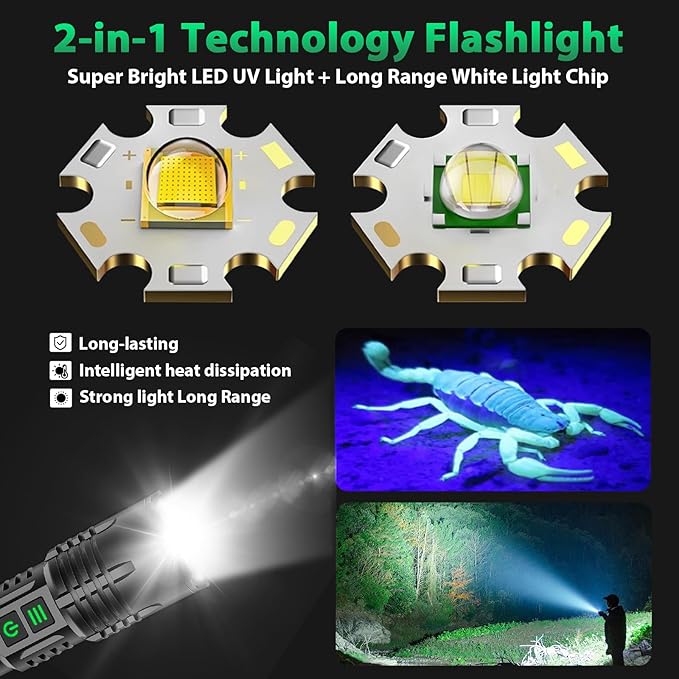 AdamStar UV&High Lumens Flashlight Rechargeable, 2-in-1 Powerful Blacklight LED Flashlight Tactical 6 Modes Super Bright Waterproof Zoomable Detector for Pet Urine Curing Resin Camping Emergencies