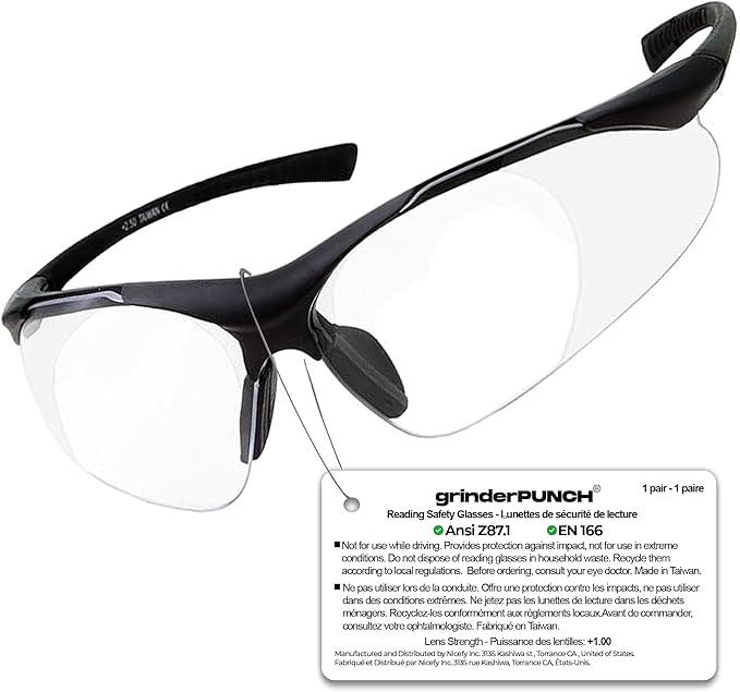 grinderPUNCH Full Lens Magnification Safety Glasses with Black Frame | Clear Lens | | Magnifying Reading Eyewear