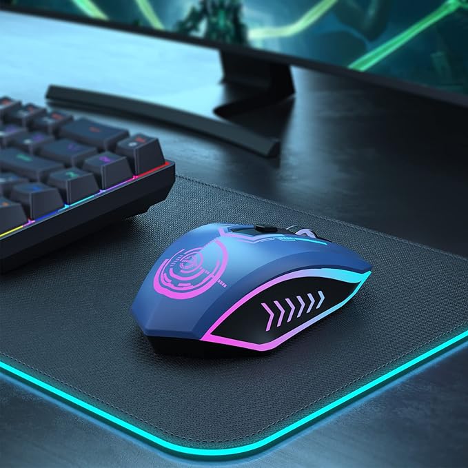 UHURU Gaming Mouse, Wireless Gaming Mouse with 6 Buttons 7 Changeable LED Color up to 10000 DPI, Rechargeable USB Gamer Mouse for PC Laptop (Blue)