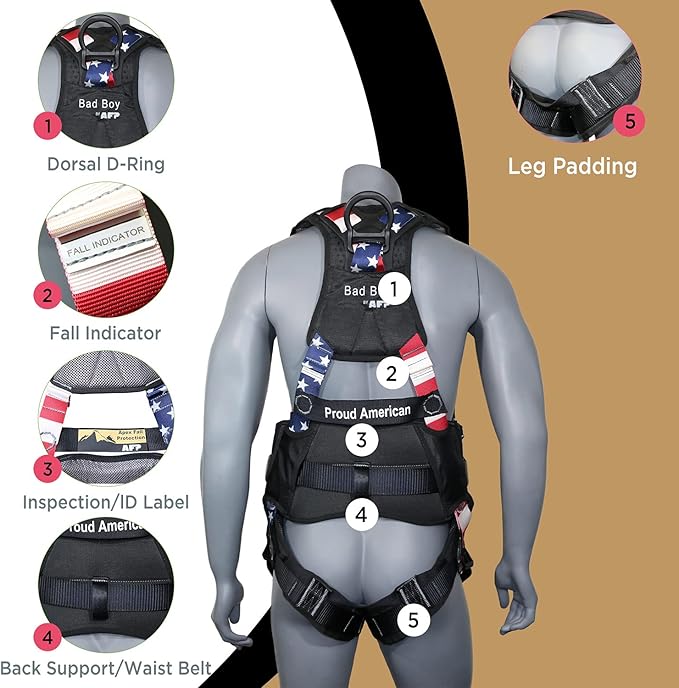 AFP Fall Protection Full-Body Premium Safety Harness, 8” Thick Support Belt, Aluminum D-Rings, Tongue Buckle (OSHA/ANSI PPE)