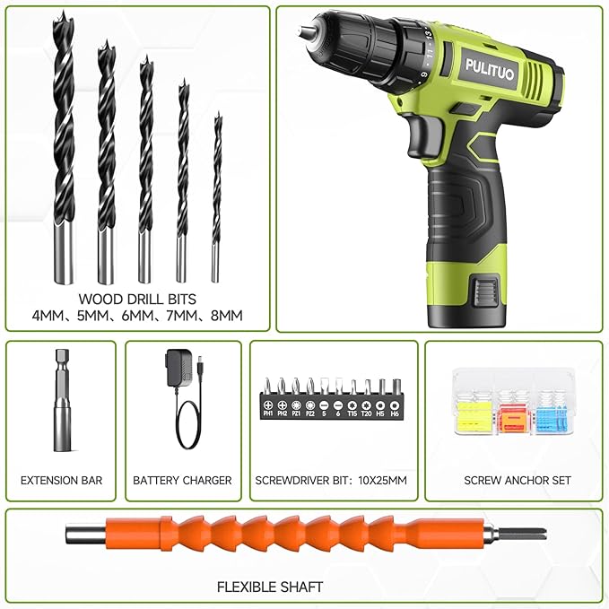PULITUO 12V Green Cordless Drill Set - Power Drill Kit with Battery and Charger, 3/8-Inch Keyless Chuck, Built-in LED, 21+1 Torque Setting