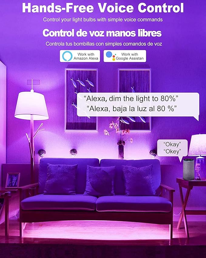 OHLUX Smart Light Bulbs, Color Changing LED Bulbs for Alexa and Google Assistant, 2.4GHz WiFi and Bluetooth with Music Sync, E26 A19, 120V, 4 Pack