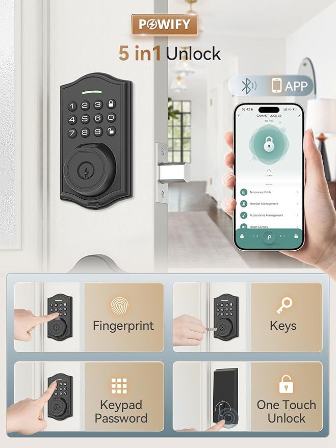 Keyless Entry Door Lock with Handle,Fingerprint Smart Front Door Lock Set,APP Control, Electronic Keypad Deadbolt with Lever Handle, Anti-Peeping, Auto Lock, Easy Install, Black
