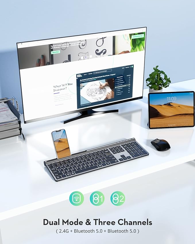 Samsers Wireless Keyboard and Mouse Combo, Ultra Slim Rechargeable Dual-Mode (Bluetooth 5.0x2 +2.4G) Silent Keyboard and Mouse Set, Multi-Device Full-Size Compact Design for MacOS/iOS/Android/Windows