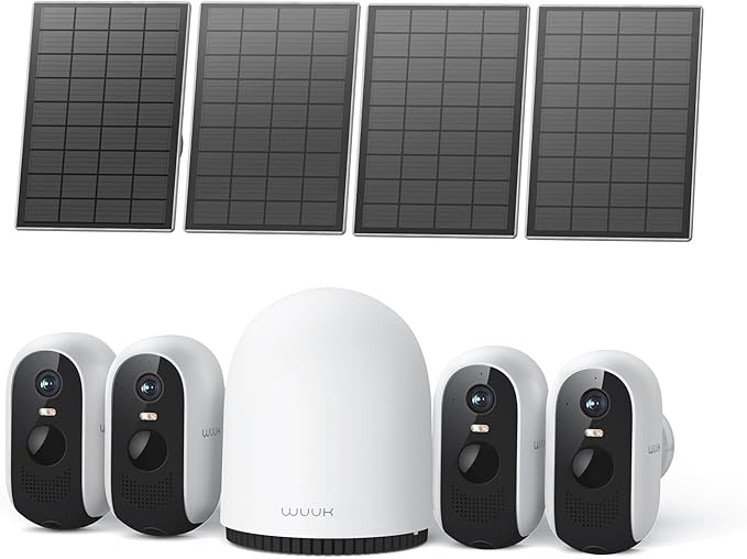 WUUK 2K Solar Security Cameras Wireless Outdoor, 4 Cam-Kit Home Security System, Color Night Vision, Forever Power, No Subscription, 32G Local Storage, Compatible for Alexa, Google Home, 2.4G&5G WiFi