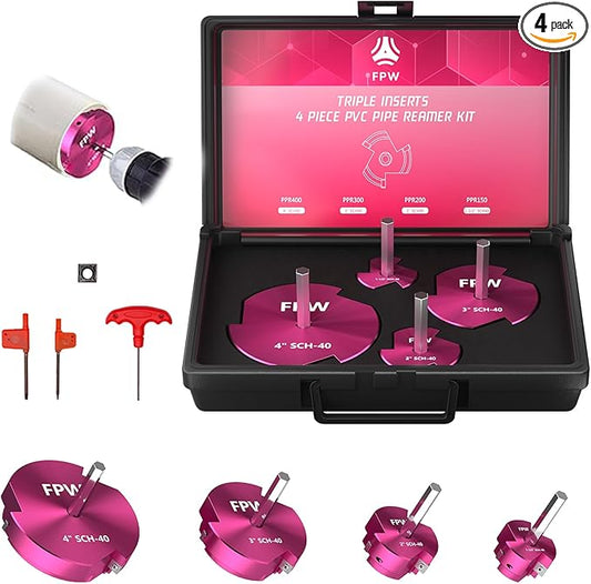 Original Design Patent Triple Inserts 4 Pcs PVC Pipe Reamer Kit, PVC Fitting Saver, Pipe Tools Contains 1-1/2", 2", 3", 4" and 1 Replacement Carbide Insert for Schedule 40