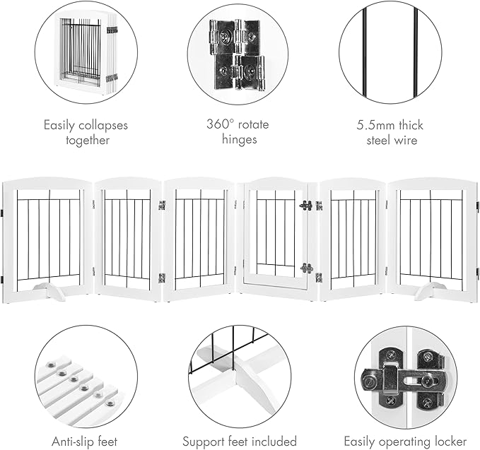 PAWLAND Dog Gate Indoor with Walk Through Door, Foldable Free Standing Pet Gate for Doorways, Stairs, The Houes, Pet Puppy Safety Fence, 120 in Extra Wide, 6 Panels, Support Feet Included, White