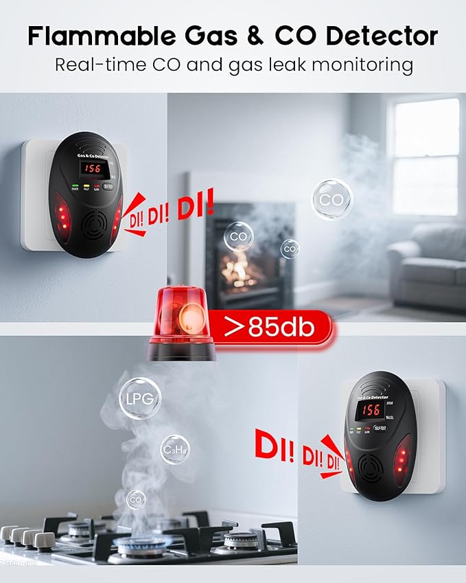 Carbon Monoxide Detectors and Natural Gas Detector, Carbon Monoxide Detectors Plug in, Dual Alarms Gas Leak Detector with Light - Natural, Co Leak Detection for Home, RV Essentials, Black, 1Pcs