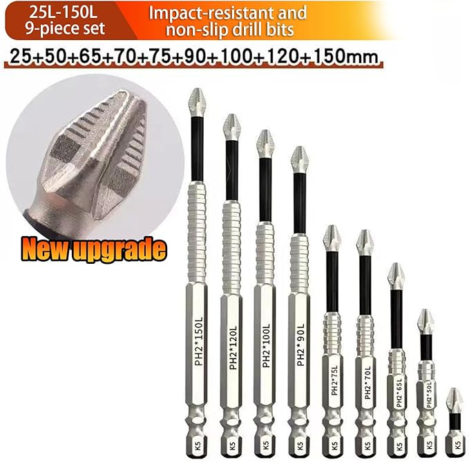 High Magnetic Screwdriver Bit Set, 9PCS 25-150mm Anti-Slip Magnetic Drill Bits, Electric Screwdriver Set for Home DIY, Car Repair, Furniture Assembly, 2025 New Upgrade (18)