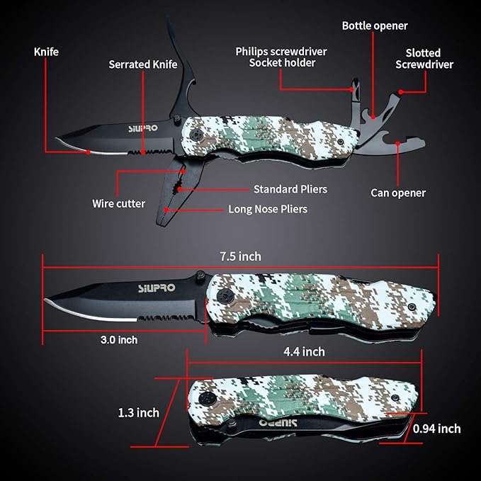 Multitool Pocket Knife Set for Men, Multipurpose 9-in-1 screwdriver kit, Multi Tool Pliers for Camping, Survival with Nylon Sheath, Gifts Idea, Camo