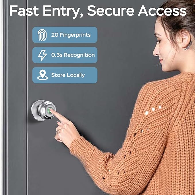 GeekTale Fingerprint Door Lock for Bedrooms, Fingerprint Door Knob with Lock, Smart Door Lock, App Control, Back-up Keys, Thumbprint Door Knob for Bedrooms, Office, Apartment