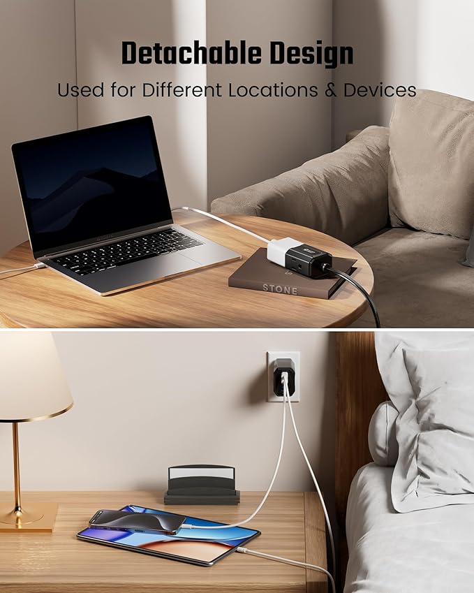 SUPERDANNY Detachable Power Strip, 45W USB-C & USB-A Fast Charge with 3 Outlets, 5ft Flat Plug Extension Cord, Portable for Cruise, Home, Black