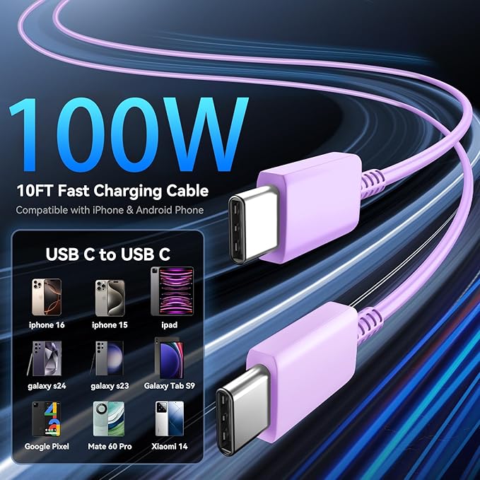 Phone 16 Pro Max Charger Fast Charging, 45W Super Fast USB C Charger Block with 10FT Long Charging Cord Cable for Phone 16 Pro Max/16 Pro/16/16 Plus,15 Pro Max/15 Pro/15,Android Phone-Purple