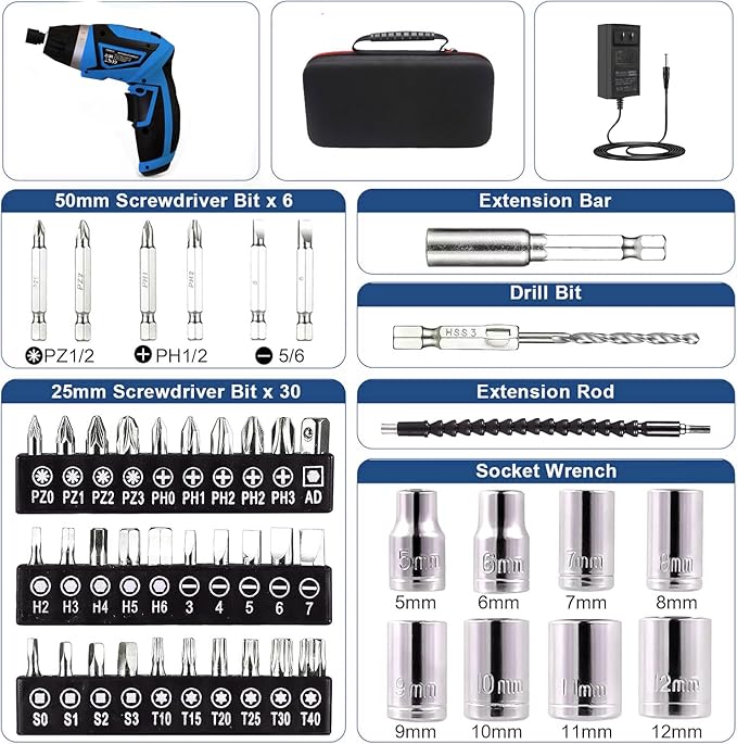 8V Cordless Screwdriver,6+1 Torque Max 10N·m Electric Power Screwdriver with 47 Accessories,180°Pivoting Handle, 2000mAh Rechargeable Screw Gun&Bit Set with LED Light, Flexible Shaft,for Home,Office