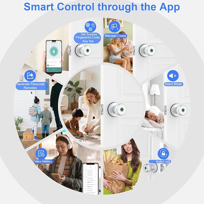 5-in-1 Smart Door Knob, Fingerprint Door Knob with App Control, Smart Fingerprint Door Lock,Auto Lock, Ideal for Home, Bedroom, Office, Chrome