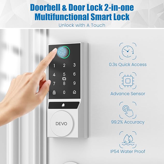DEVO G3 Smart Lock,Fingerprint Door Lock, WiFi Smart Deadbolt, Keyless Entry Door Lock with Doorbell, APP Remote, Auto-Locks, Easy Install Front Door Locks, IP54 Waterproof(Sliver)