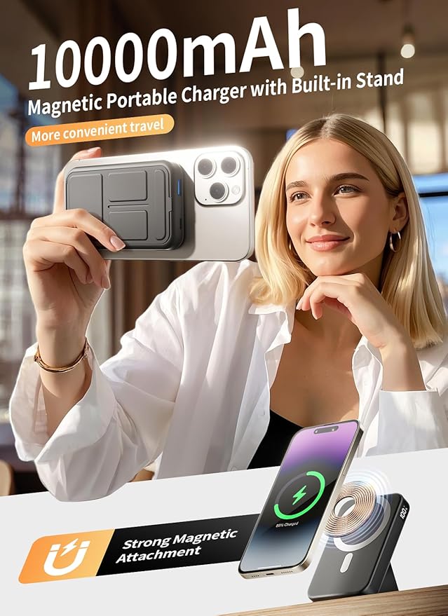 Magnetic Portable Charger, 10000mAh Wireless Power Bank with 20W USB-C Fast Charging, Foldable Stand & LED Display Magnetic Battery Pack, Compatible with iPhone 16/15/14/13/12 All Series