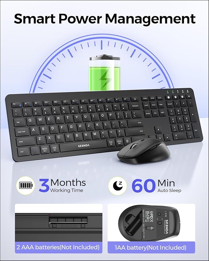 seenda Bluetooth Keyboard and Mouse, Wireless Keyboard Mouse Combo 2.4G+Dual Bluetooth Multi-Device Connection Full Size Ultra-Slim Keyboard with Number Pad for Windows/Mac, Black