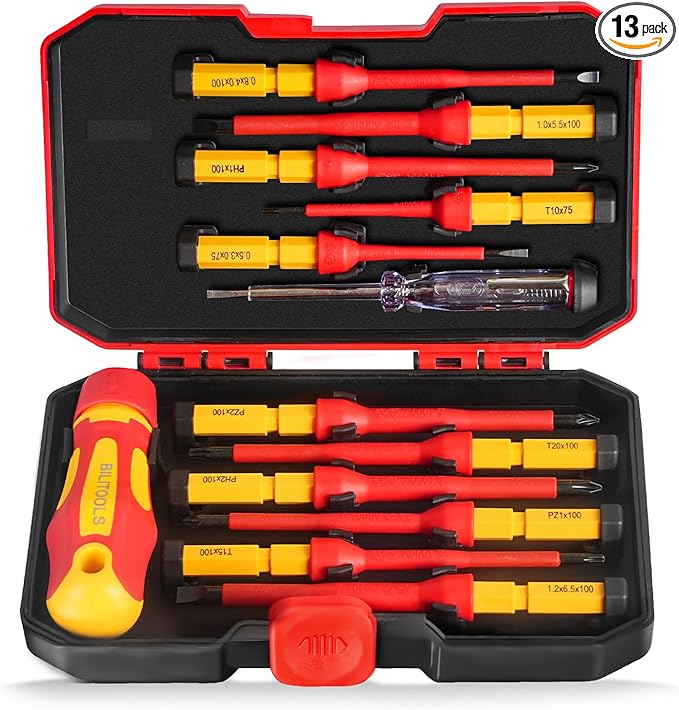 BILITOOLS 1000V Insulated Electrician Screwdriver Set - 13pcs Electrical Tools Kit with Magnetic CR-V Steel Tips, Insulated Handle, Phillips, Slotted, Pozi, Torx Screwdrivers, VDE & GS Certified