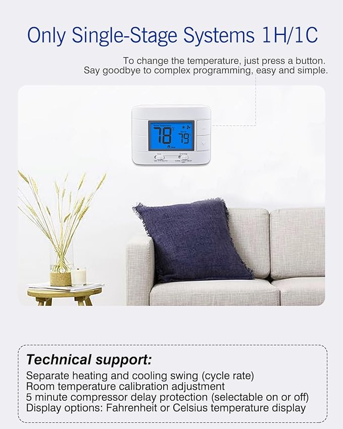 Non Programmable Thermostat for Home 1 Heat/ 1 Cool Single-Stage System, with Room Temperature Monitor (LCD Blue Backlit Screen)