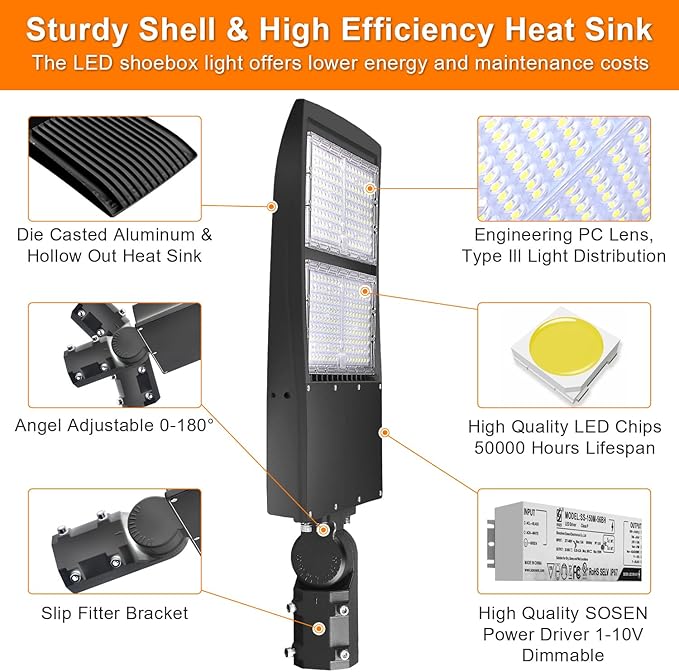 480V 300W LED Parking Lot Lights, 42000LM LED Shoebox Street Light Flood Light (1000W MH/HPS Equiv.), 5000K Dimmable Commercial Area Lighting with 20KV Surge Protection, IP65 277-480V UL&DLC Listed