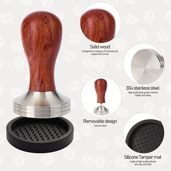 51mm Espresso Tamper Kit, Hard Wood Espresso Tamper Tool & Powder Press Pad & 8-Needles Espresso Stirrers For 51 mm Portafilter
