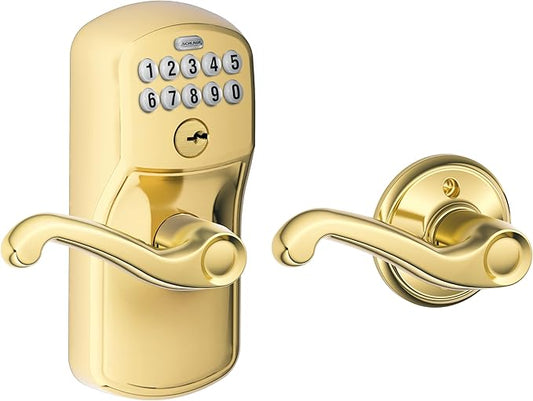 SCHLAGE FE575 PLY 505 FLA Plymouth Keypad Entry with Auto-Lock and Flair Levers, Bright Brass