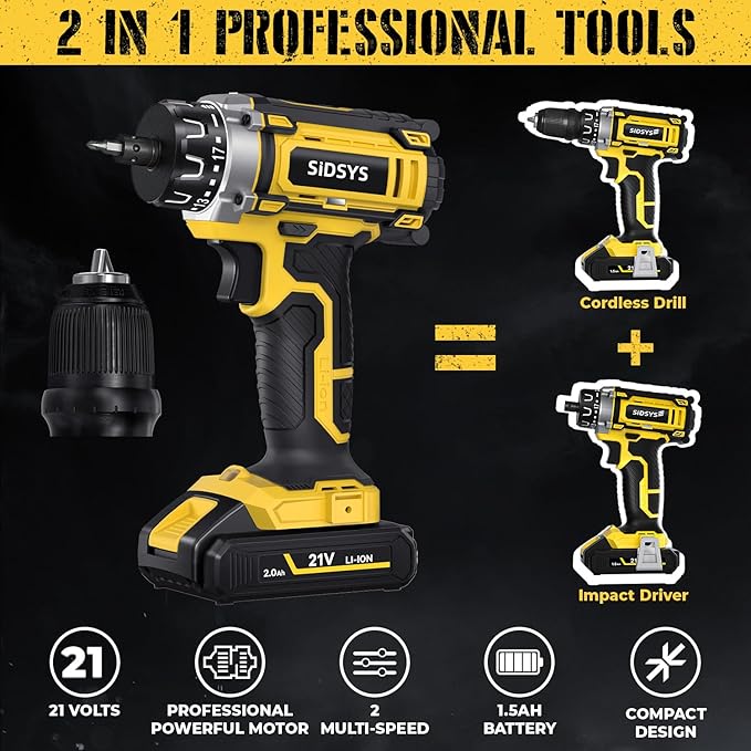 SIDSYS 21V Max Cordless Electric Drill Set, 3/8" Keyless Chuck Power Drill 17+1 Torque, 2 Variable Speed, Built-In LED, Versatile Hand Drills for Wood Drilling/Screw Removal