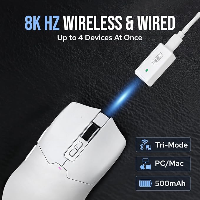 EPOMAKER Click Gaming Mouse Wireless 2.4Ghz/Bluetooth/Type-C, 800 to 42,000 DPI Adjustable, 8K Polling Rate, 500mAh, Lightweight Optical Mouse, for PC/Mac/Linux (White)