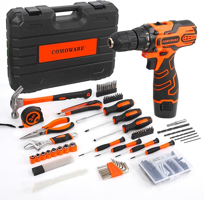 COMOWARE 195PCS Home Tool Kit with 12V Cordless Power Drill, Drill Set for DIY Maintenance & Repair, Tool Set with Storage Case, Orange