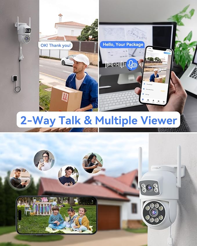 Security Camera System Wireless Outdoor with 12" Monitor, 4pcs 2K Dual Lens Cameras for Home & Business Surveillance, 360° PTZ, 2.4G/5G WiFi, Human Detection, Auto Tracking, 16CH NVR, 500G HDD