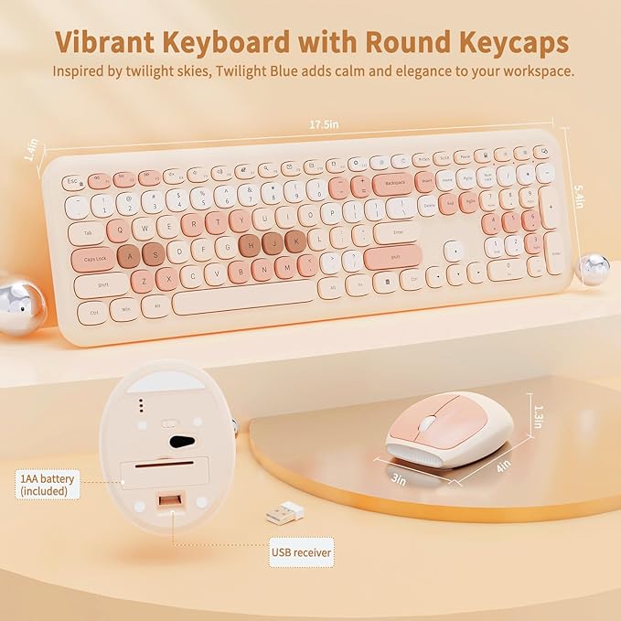 Wireless Keyboard and Mouse Combo, Retro Typewriter Keyboard with Round Keycaps, Full-Size Ergonomic, Brown, Ideal for Windows PC, Home, Office, and College, Wireless Keyboard Mouse Combo