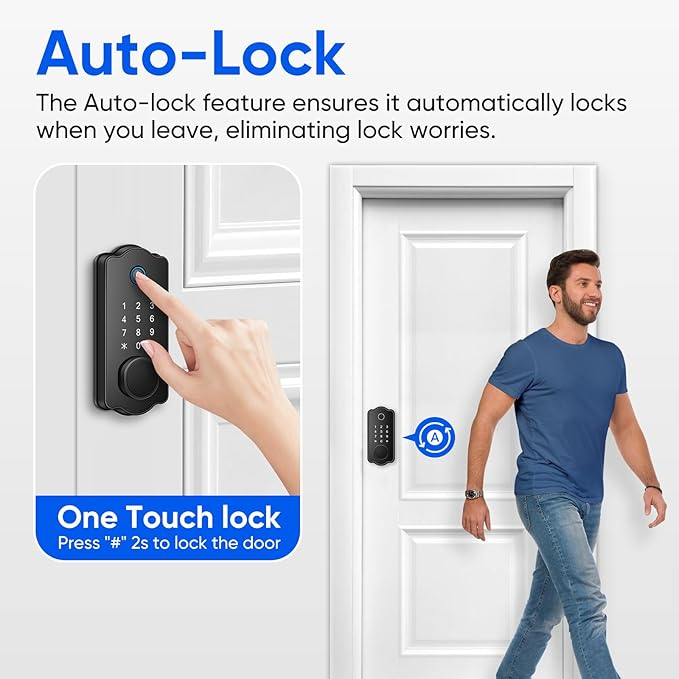 Fingerprint Smart Door Lock, Keyless Entry Deadbolt, Electronic Biometric Deadbolt with Phone/Watch App Control, Auto Lock with Touchscreen Keypad for Bedroom, Front Door, 7 Ways to Unlock