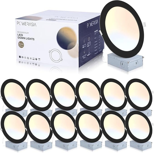12 Pack Black Recessed Lighting with Junction Box, 8 Inch LED Recessed Lights Dimmable 2700K/3000K/4000K/5000K/6000K, 18W 1400lm Ultra Thin Recessed Lighting - ETL and Energy Star Certified
