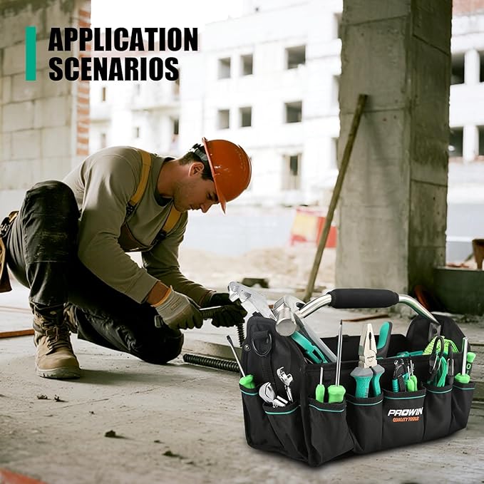 Prowin 16" Multi-pocket Tool Organizer with Plastic Waterproof Bottom, Heavy-duty Collapsible Tote Wide Mouth Tool Tote Bag 600 Denier Roomy Pro Sized Tote Black