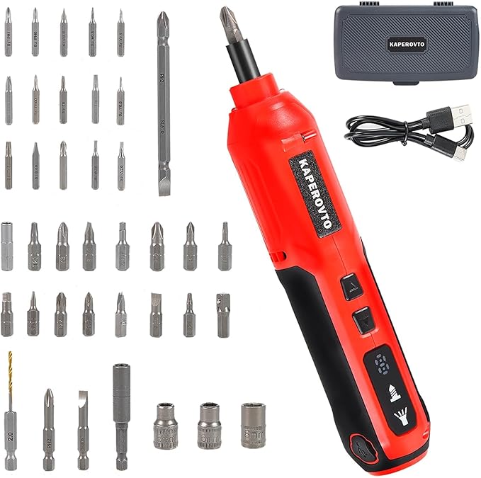 Electric Screwdriver Kit, Screwdriver 5 Torque Settings, Cordless electric screwdriver with LED work light, 36 screwdriver bits, 3 sockets, Magnetic Chuck,Color box tool storage set
