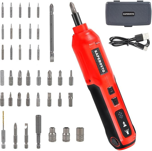Electric Screwdriver Kit, Screwdriver 5 Torque Settings, Cordless electric screwdriver with LED work light, 36 screwdriver bits, 3 sockets, Magnetic Chuck,Color box tool storage set