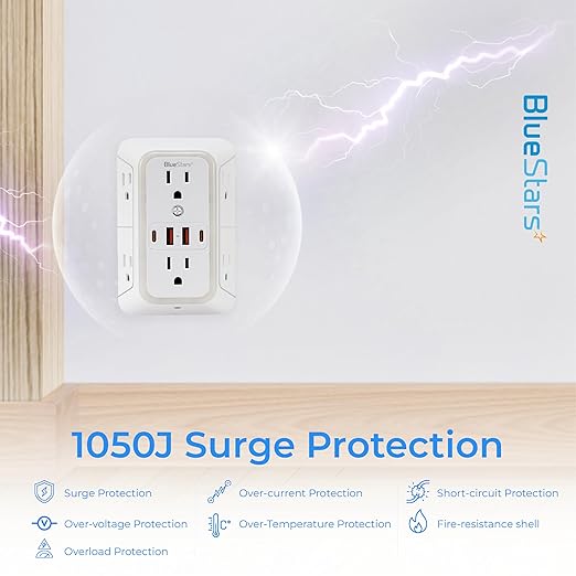 Wall Mount Power Strips Wall Charger 6 Outlet Extender 4 USB Ports (5V, 2.4A, 12W) and Night Light 3-Sided Power Strip with Adapter Spaced Outlets - Multi Plug Outlet Surge Protector for Home Office