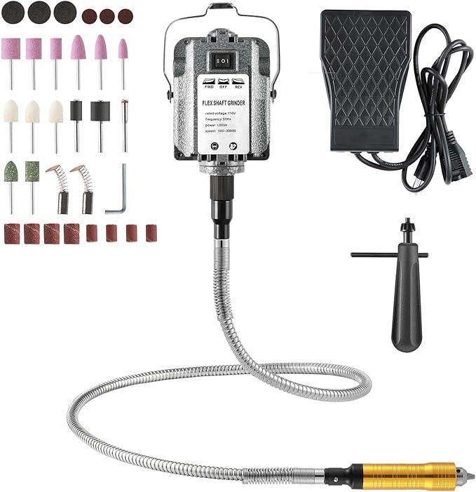 FlySkip Flex Shaft Rotary Tool with Foot Pedal Control,High-Powered 1200W Flex Shaft Grinder,30000RPM Hanging Grinding Machine 6.5mm Rotary Carver for Jewelry Polishing Grinding Sanding Metalworking