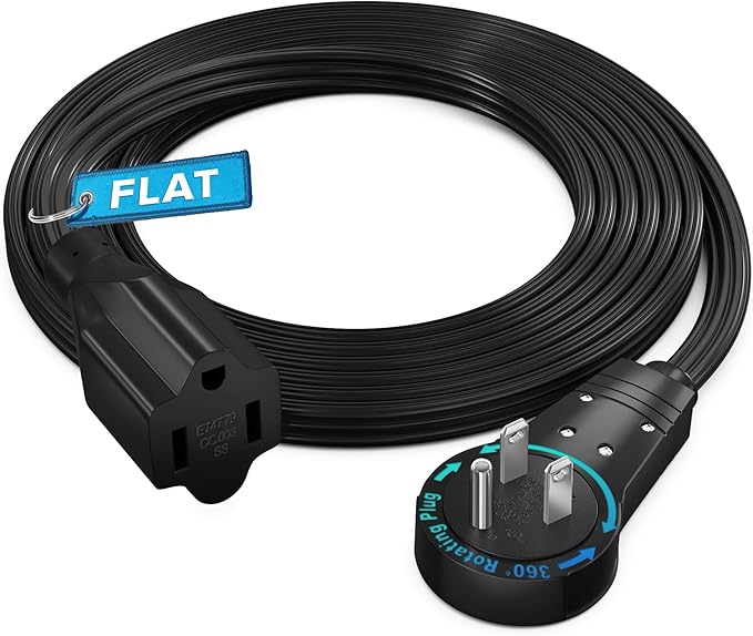 Maximm 360 Rotating Flat Plug Extension - 6ft Flat Cord for Under Carpet, Slim Space-Saving Plug Design (Black)