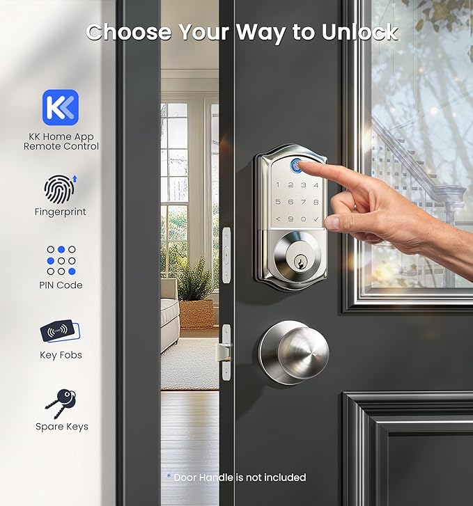 Veise VE017G Wi-Fi Keyless Entry Door Lock with Fingerprint, App Remote Control, Smart Locks for Front Door, Electronic Keypad Deadbolt, Auto Locking, Waterproof, Easy to Install, Satin Nickel