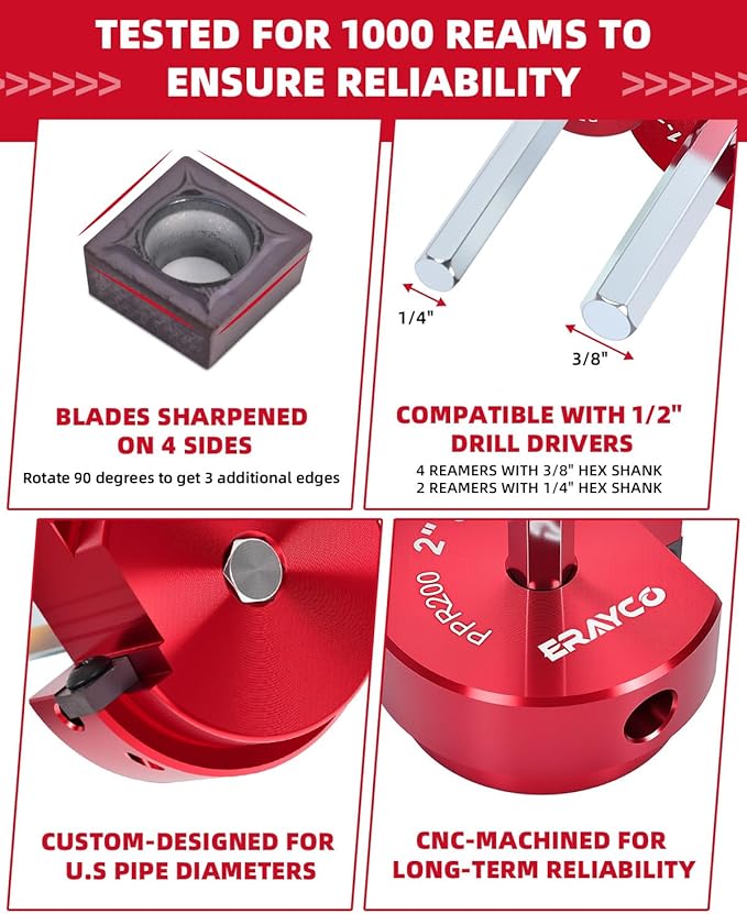 6PCS PVC Pipe Reamer Kit, Plastic Pipe Fitting Reamer Tool, Fit into Standard 1/2" Drills, PVC Fitting Saver for SCH40 PVC CPVC ABS Pipe (3/4'', 1'', 1-1/2'', 2'', 3'', 4'')